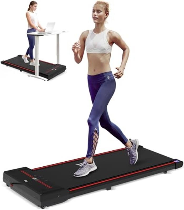 Two product shots of a woman using a black Walking Pad: at a standing desk and jogging.