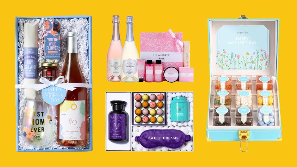 Hickory Farms, Sugarfina, Vosges Mother's Day Gift Baskets on a yellow background