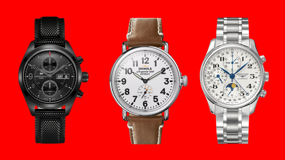 Three watches against red background