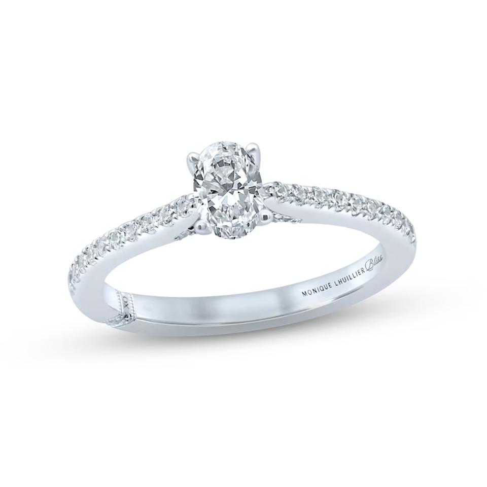 Product shot of the Monique Lhuillier Bliss Diamond Engagement Ring in white gold.