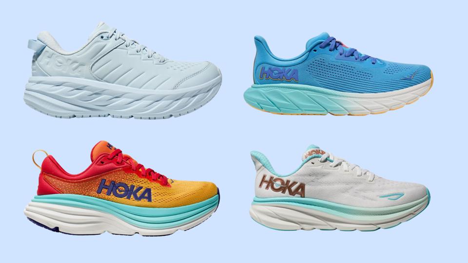 Hoka Bondi SR, Clifton 9, Arahi 7 and Bondi 8 on a light blue background