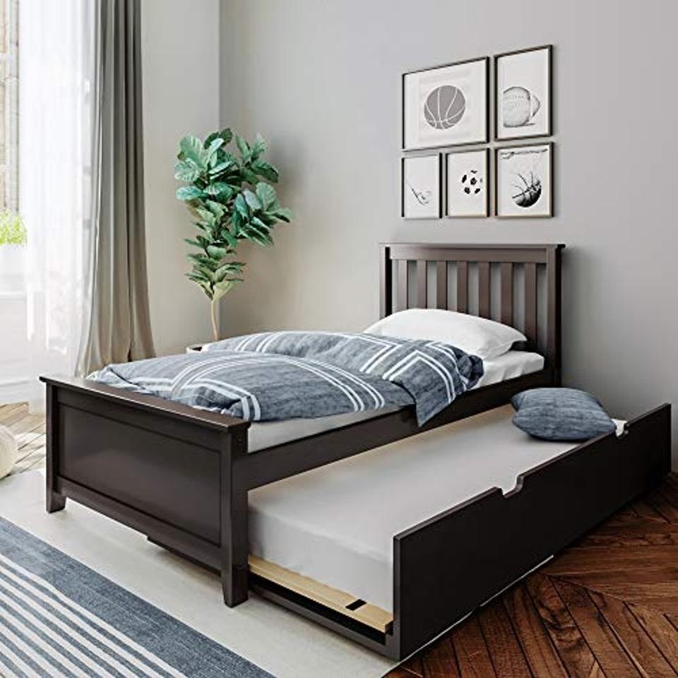 Max & Lily Twin Bed, Wood Bed Frame with Headboard in a bedroom on a rug.