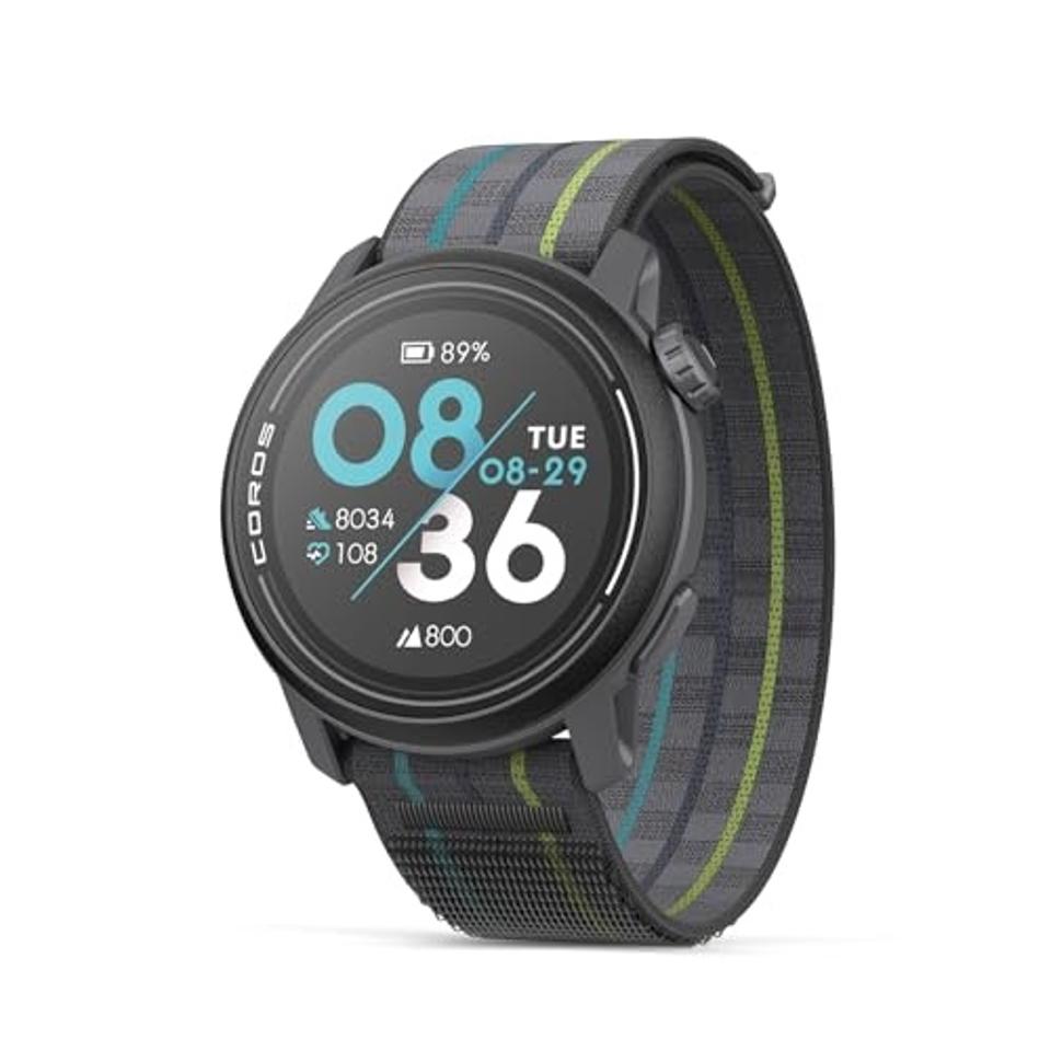 Coros Pace 3 in black with a black, green an blue striped wristband