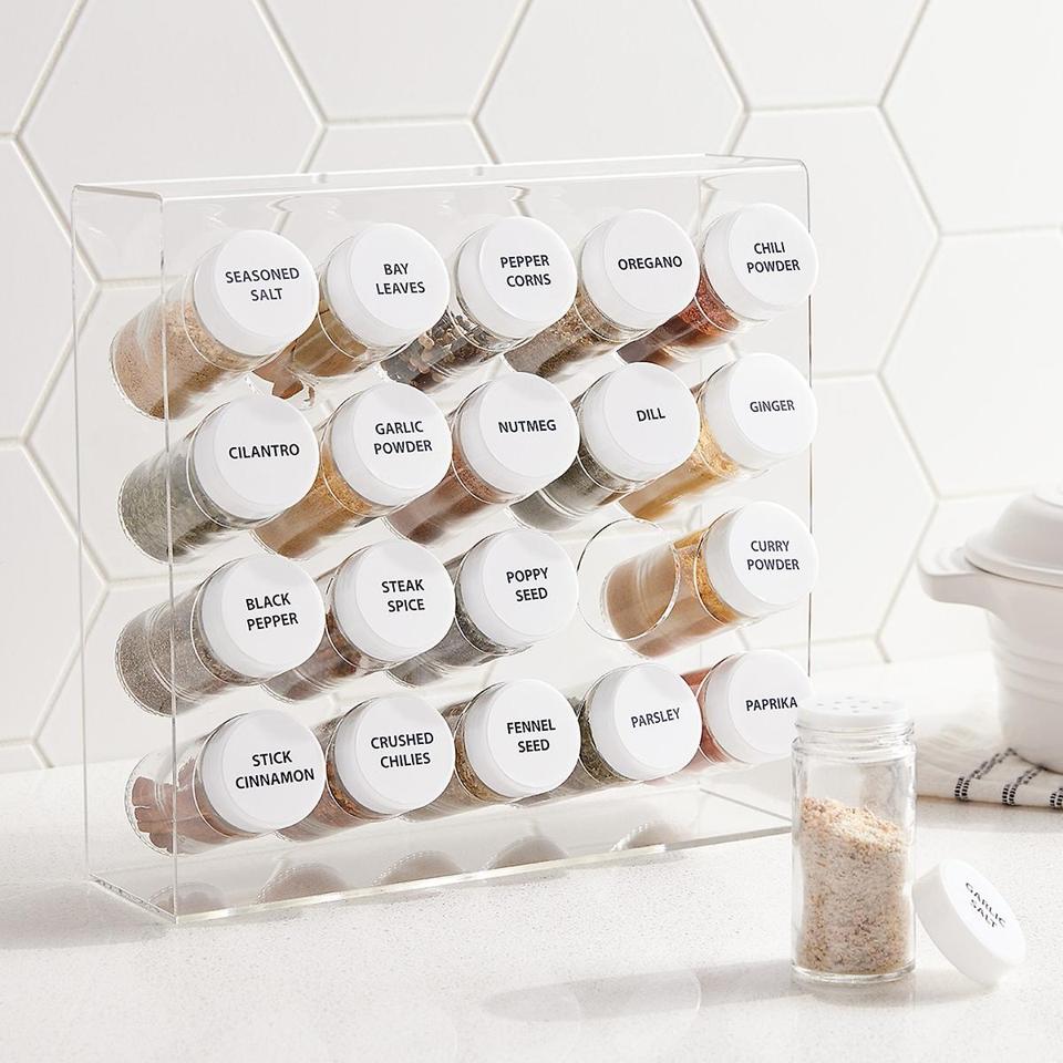 The Container Store Acrylic Spice Rack on a marble countertop