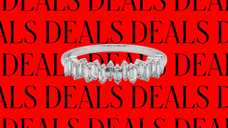 A baguette diamond wedding band on a red background with the word "deals" repeated in black