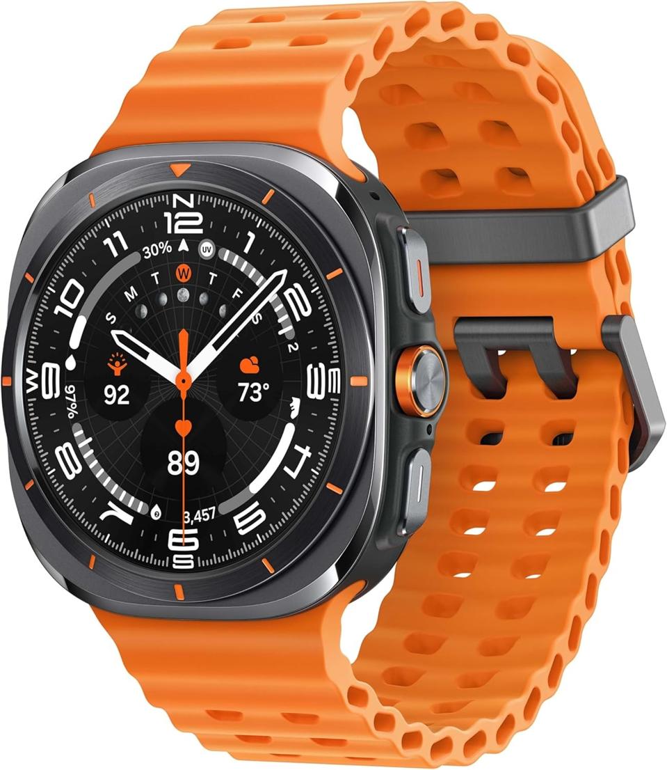 The Samsung Galaxy Watch Ultra with orange band on a white background