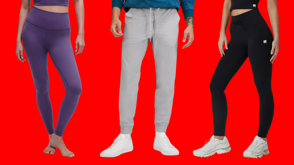 Models wearing leggings and joggers from Vuori and Lululemon on a bright red background