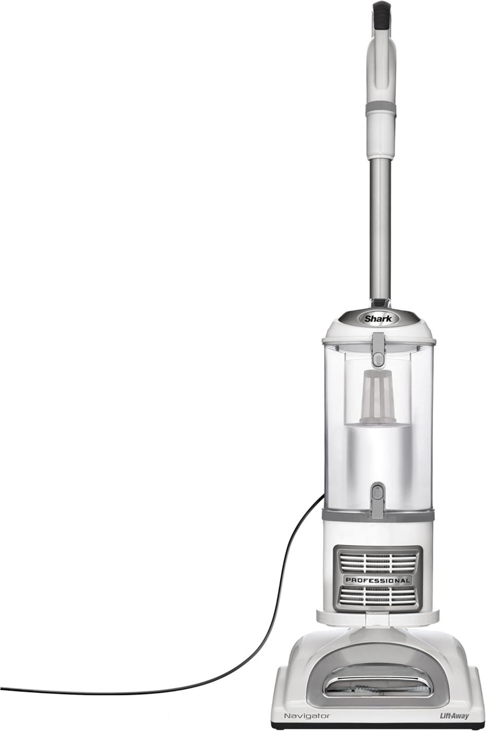 white Shark NV356E Navigator Lift-Away Professional bagless Vacuum with silver accents on white background