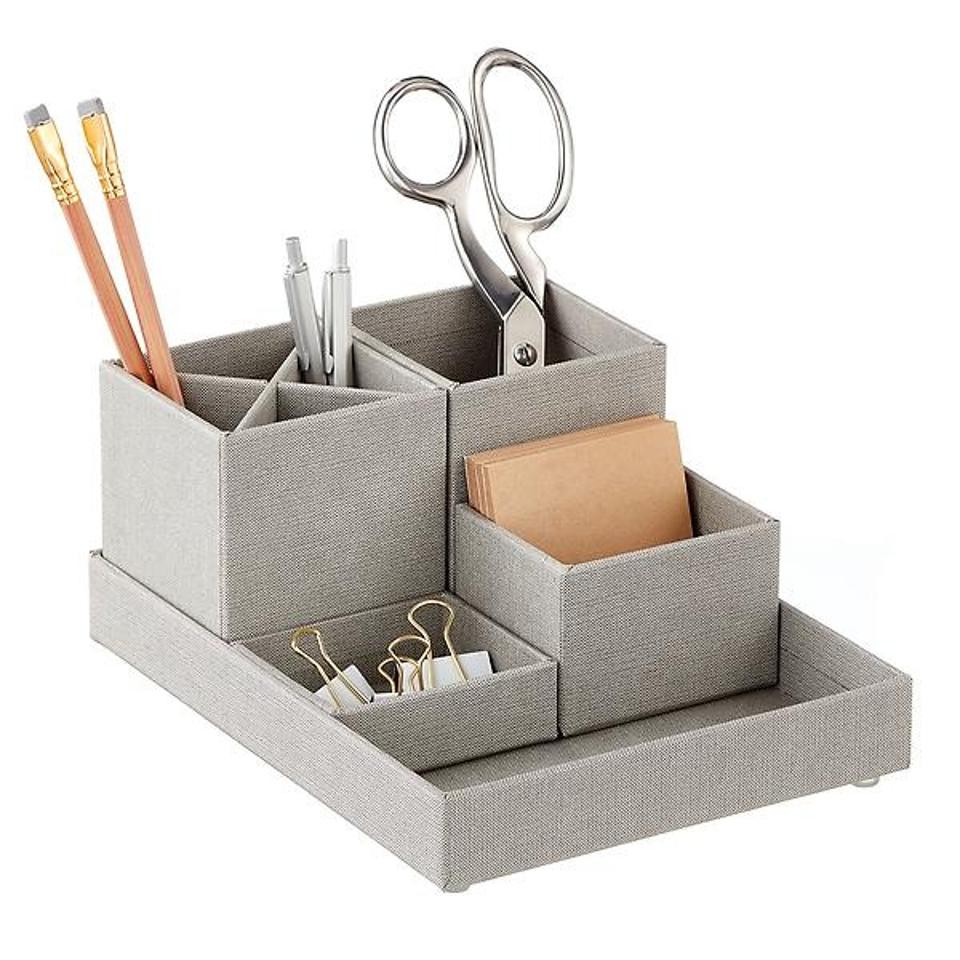 Bigso Boden Desktop Organizer filled with essentials on a white background.