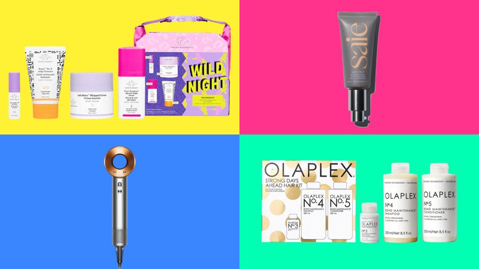 A collage of a drunk elephant skincare set, a Saie tinted moisturizer, a hair dryer and an olaplex set on a multicolored background 