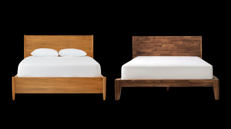 Two of the best wooden bed frames against a black background. 