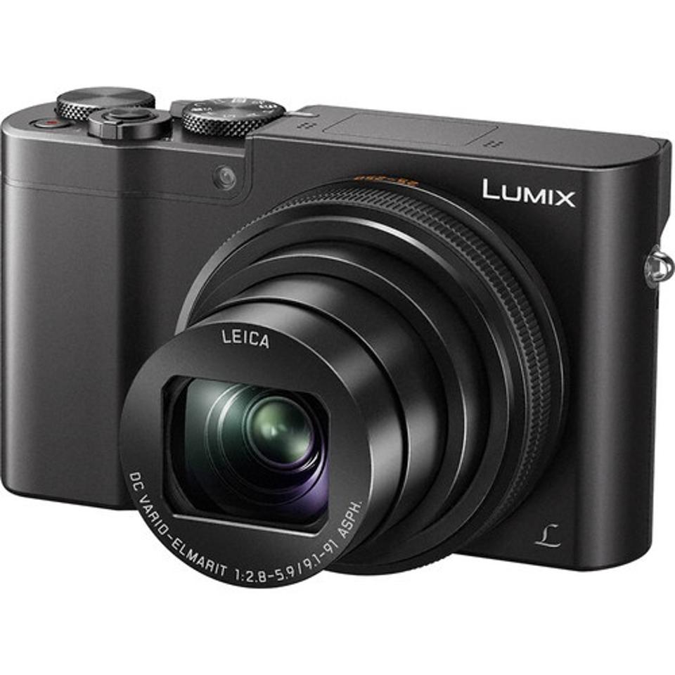 Black Panasonic Lumix ZS100 camera in black on a white background