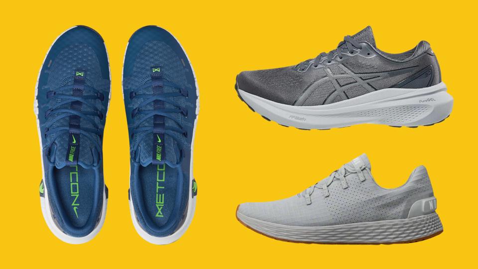 Three pairs of workout shoes against a yellow background