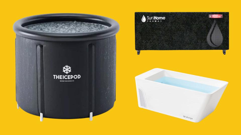 The Plunge All-In, Ice Pod Portable Ice Bath and Sun Home Cold Plunge Pro tubs on a yellow background