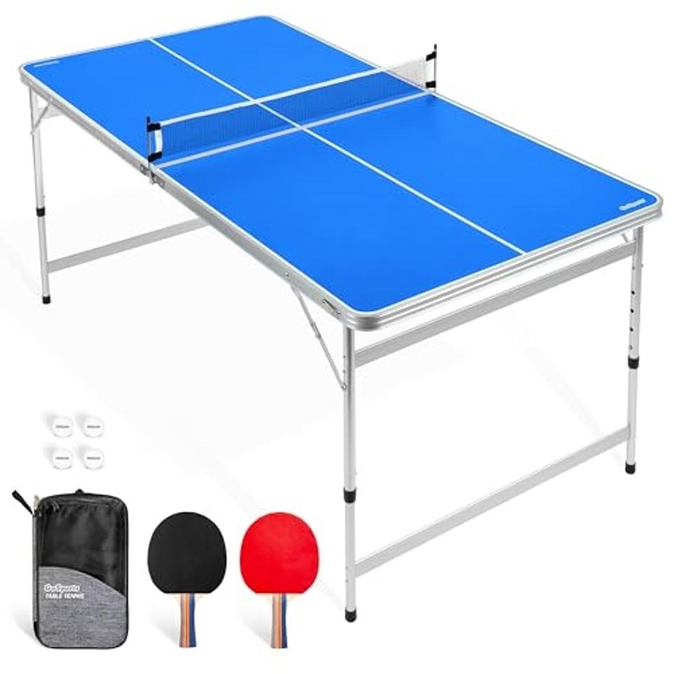 GoSports 6 x 3 ft Mid-Size Table Tennis Table Set with Adjustable Height in Blue