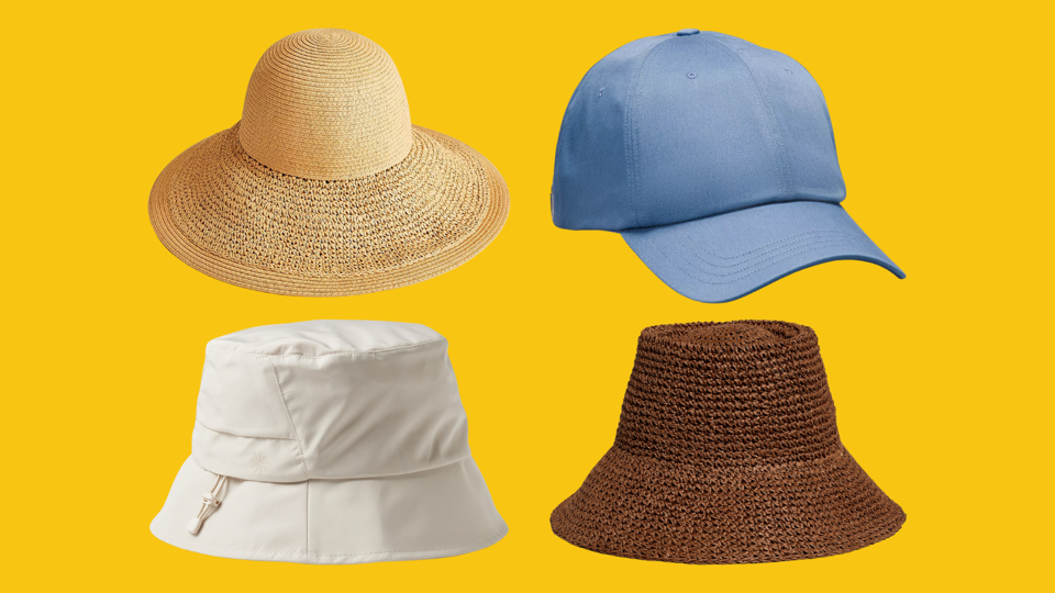 Four different sun protection hats on a yellow background.