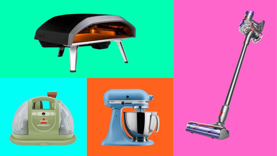 Pizza oven, steam cleaner, stand mixer and Dyson vacuum against a colorful background