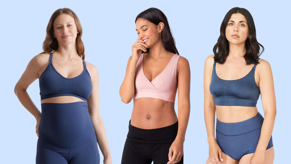 blue quince seamless low impact, seraphine sleep & bodily everything bras on models blue bg