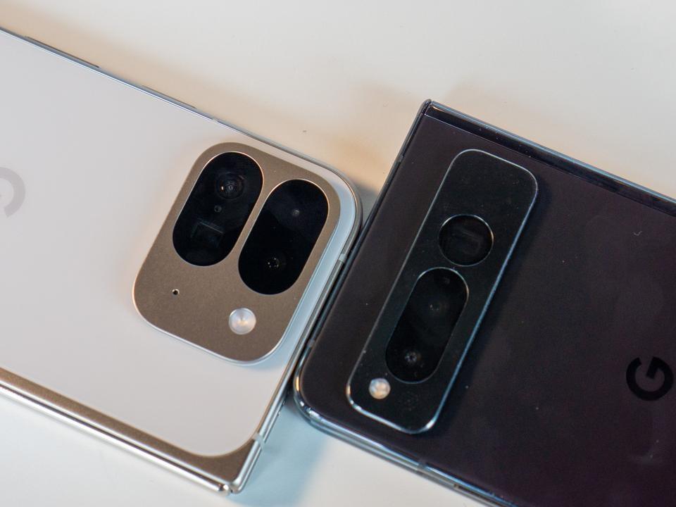 A closeup of the Google Pixel Fold and Pixel 9 Pro Fold cameras