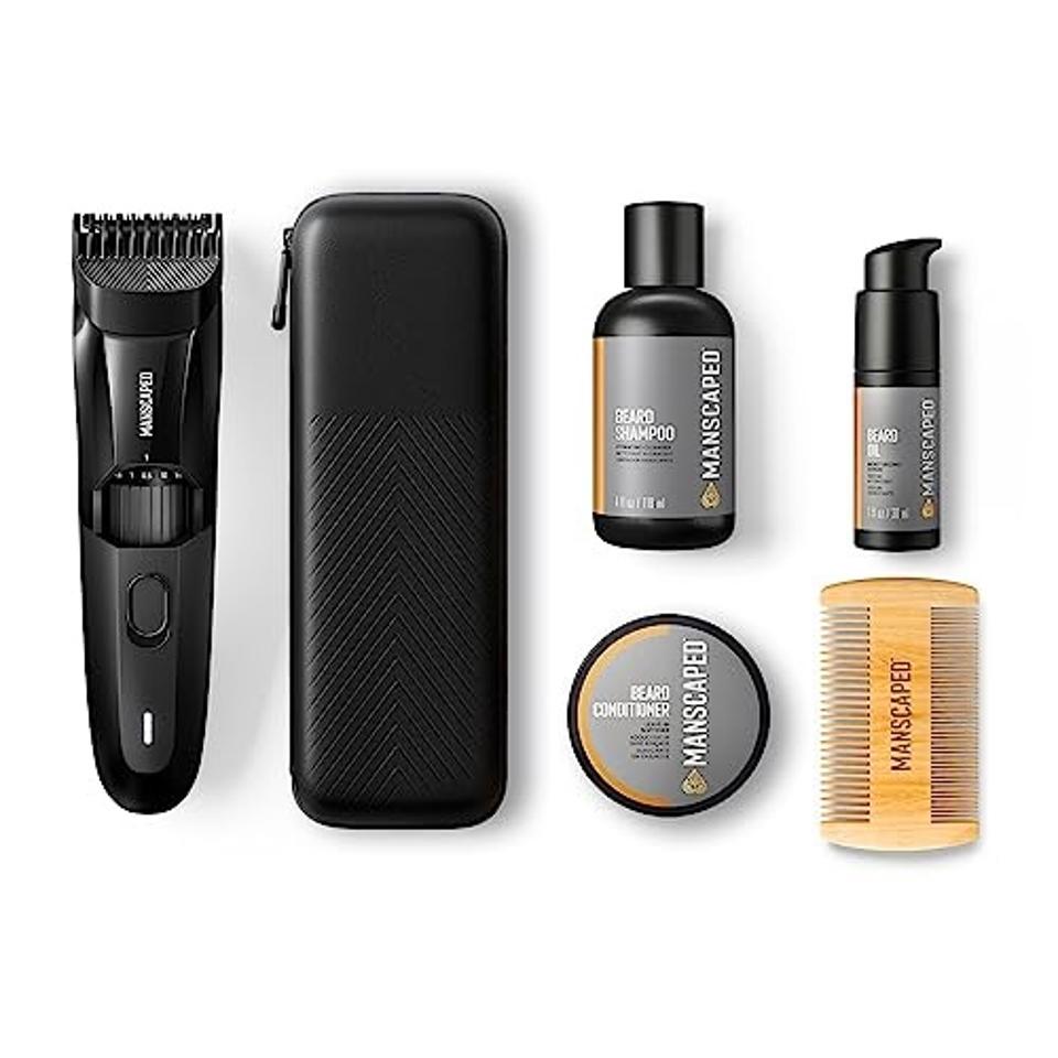 MANSCAPED black Beard Trimmer Shampoo Conditioner, Moisturizing Oil Facial comb white background