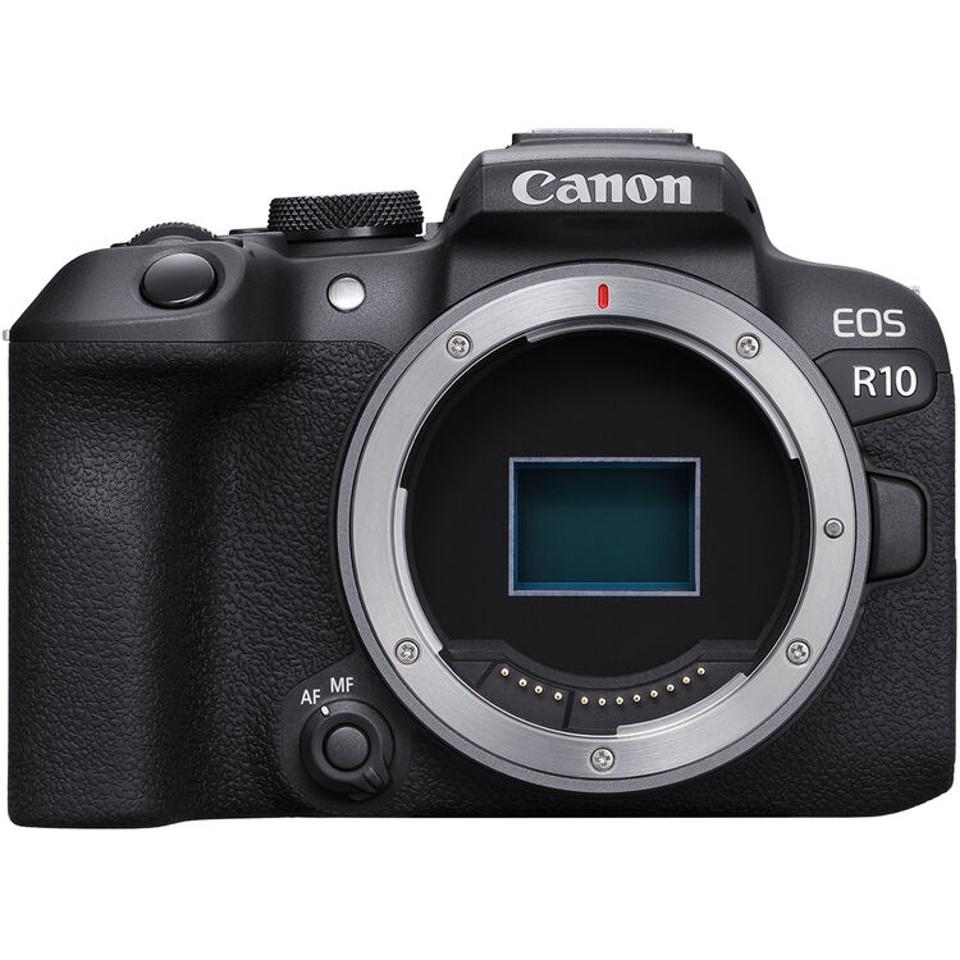 Canon EOS R10 camera body on a white background