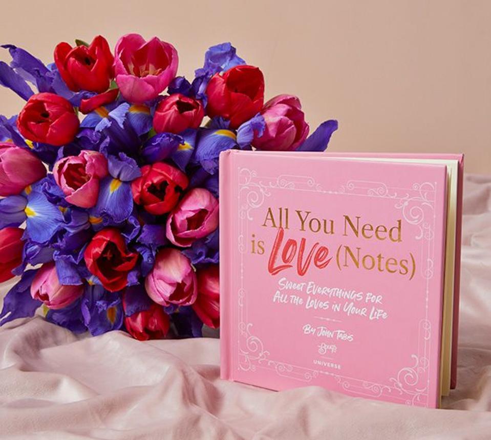 The Bouqs Co. Love Notes Gift Set on a pink background