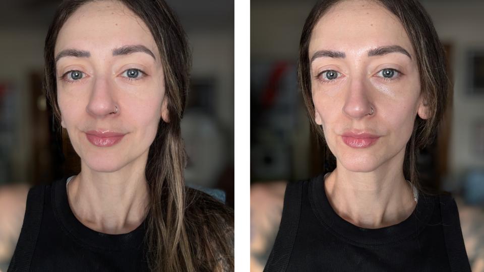 Two images of Emmy before and after use of the NuFace Trinity+ device