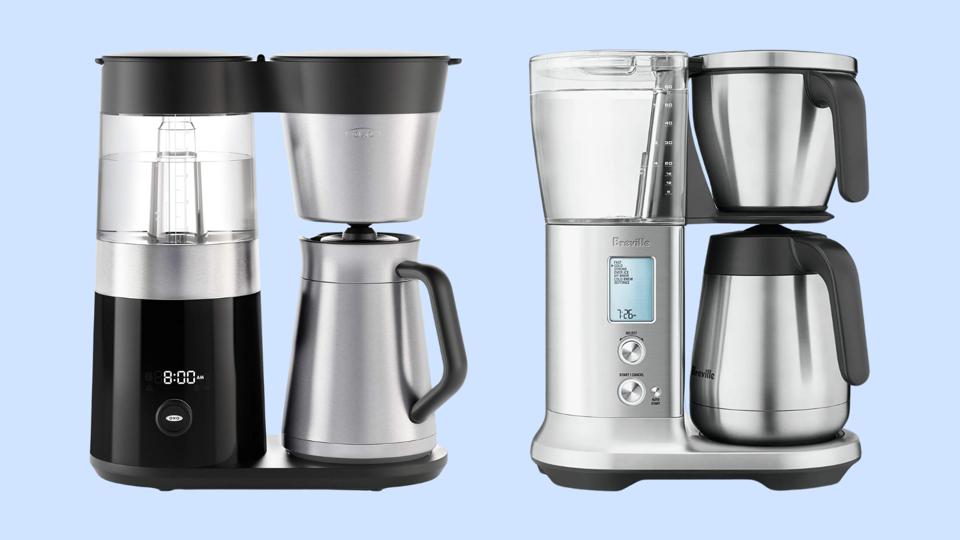 Two drip coffee makers from OXO and Breville against a blue backdrop 