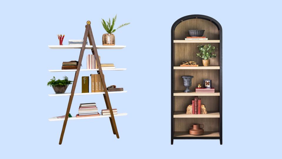 two beautifully styled bookshelves against a light blue backdrop. 