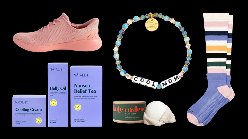 Best gifts for expecting moms collage with socks, bracelet, shoes & pregnancy skin care