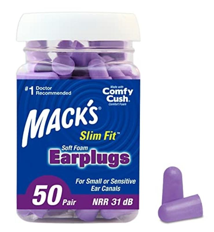 A jar of Mack’s Slim Fit Soft Foam Earplugs 50 pair pack on white background