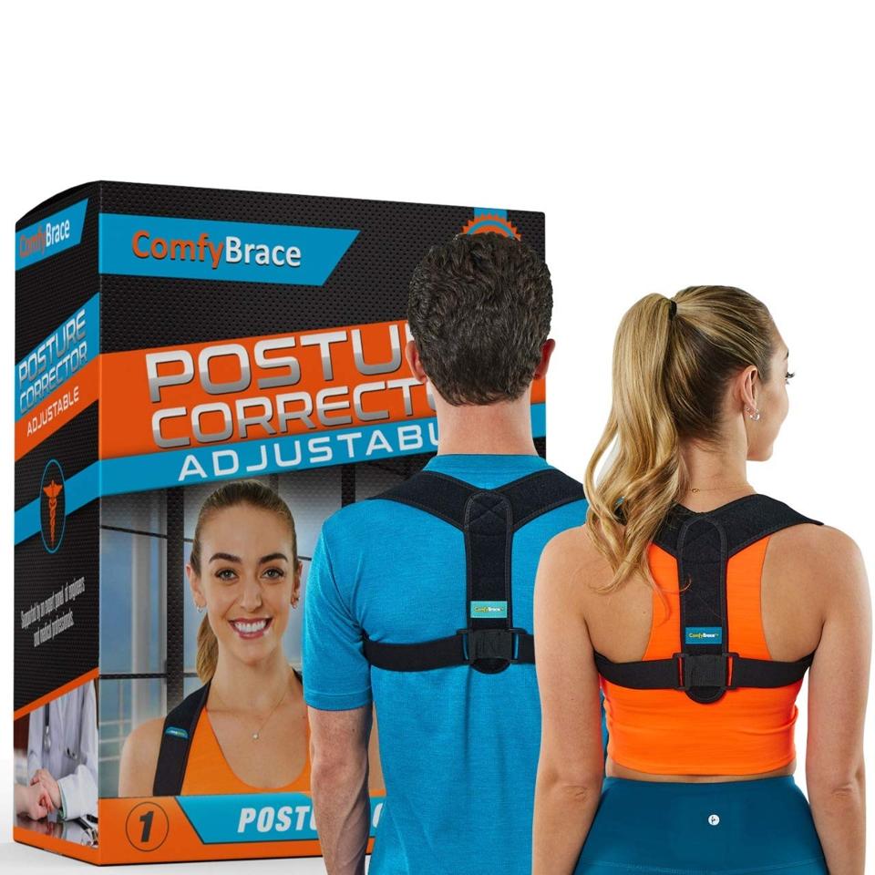 ComfyBrace Posture Corrector in a box with a man and woman wearing the brace