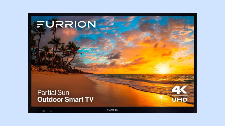 Furrion Aurora Partial Sun Outdoor TV on a light blue background