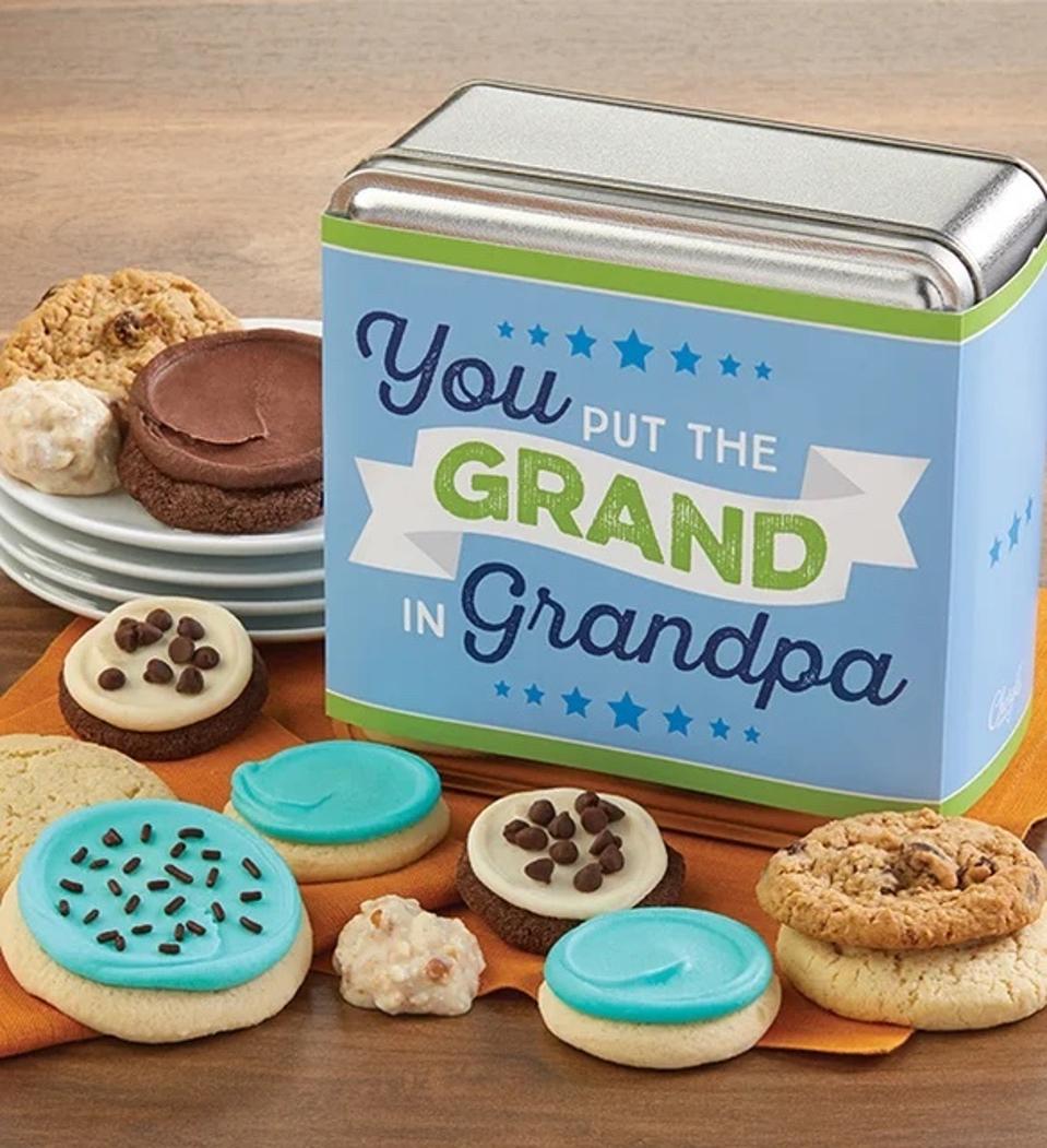 Cheryl's Cookies You Put The Grand In Grandpa Mini Gift Tin cookies on table