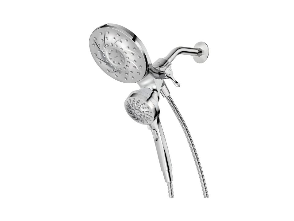 shiny silver Moen Engage Magnetix dual Showerhead on white background