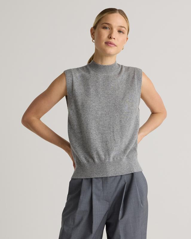 Quince Mongolian Cashmere Mock Neck Sweater Vest on model.