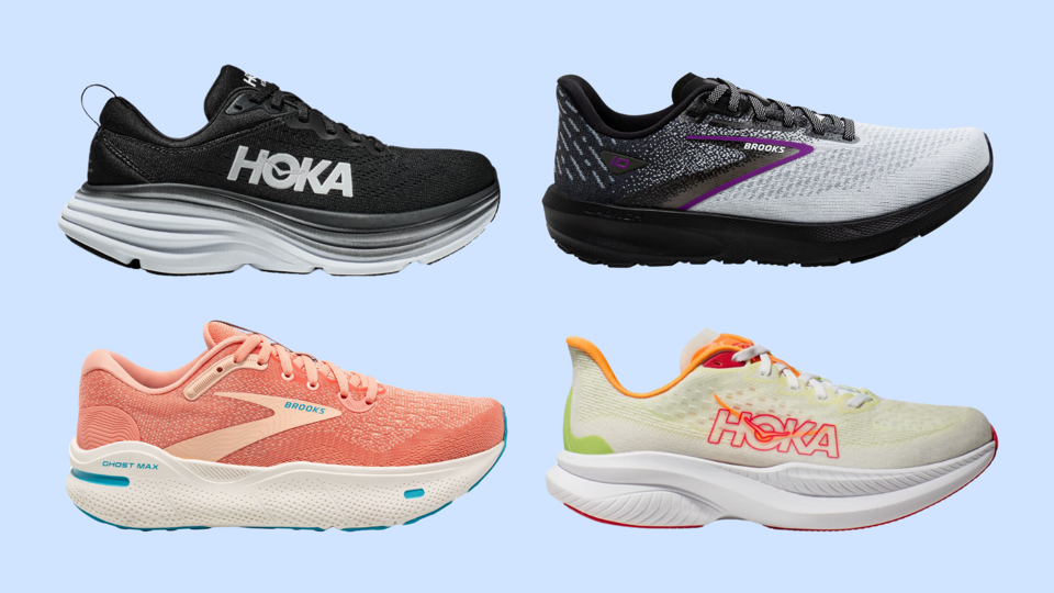 Two Brooks sneakers and two Hoka sneakers against a light blue background.