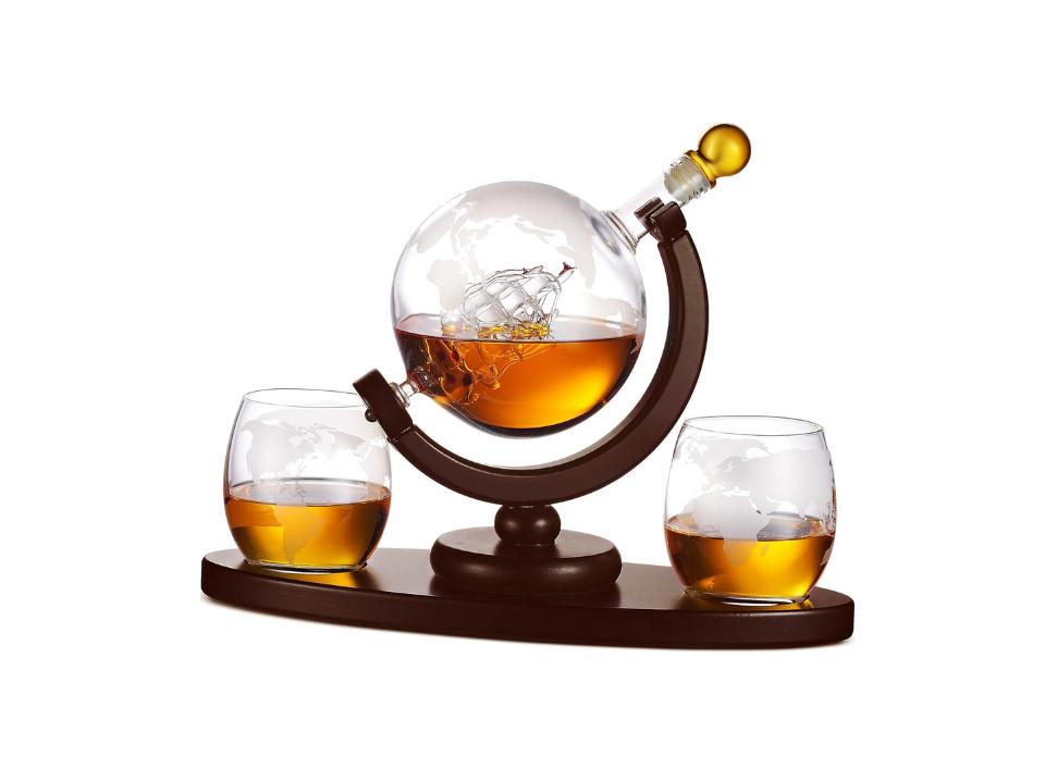 etched Whiskey Decanter Globe Set of 2 rocks Glasses & 1 globe against white background