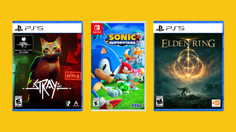 Yellow background featuring the Stray, Sonic Superstars and Elden Ring video games. 