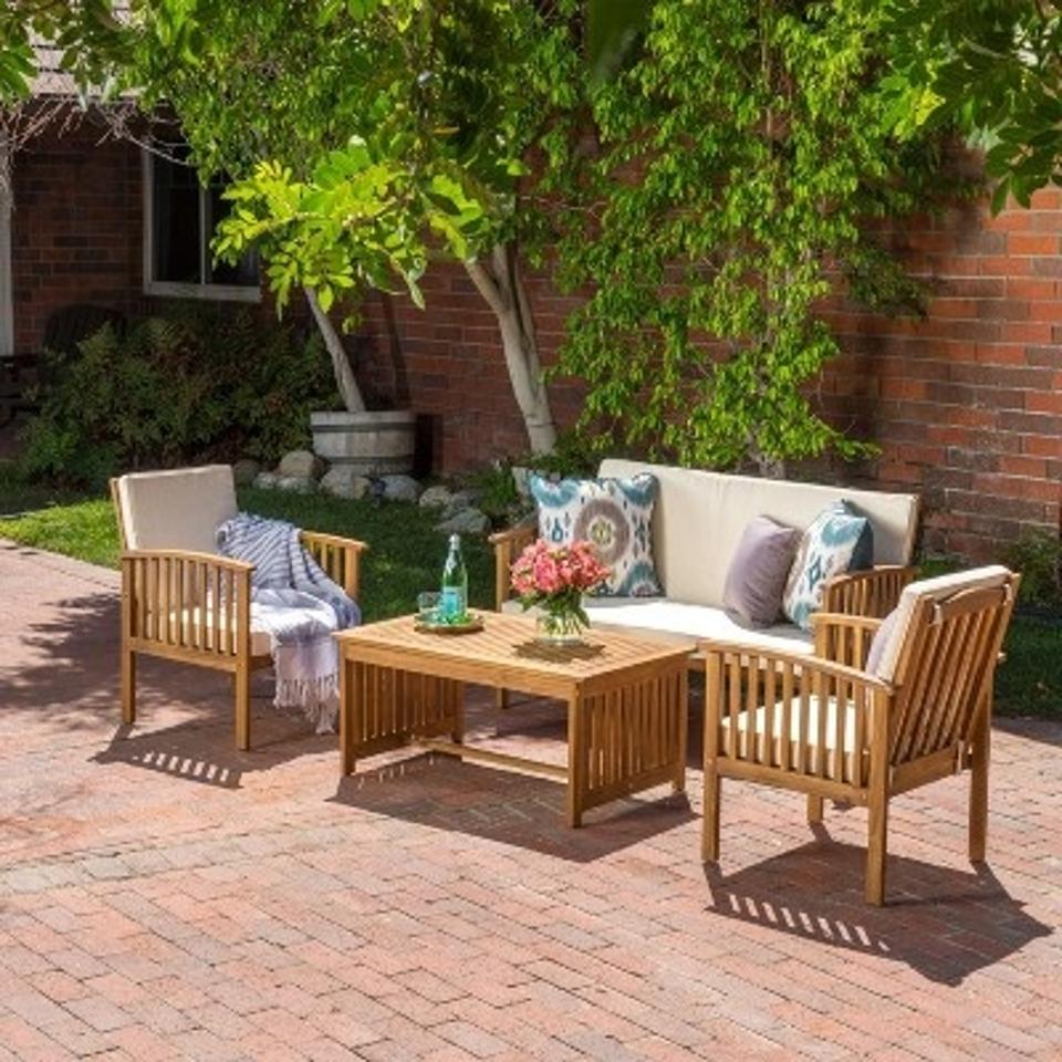 4PC Acacia Wood Patio Coversation Dining Set with Accent Armchair, Loveseat, Coffee Table