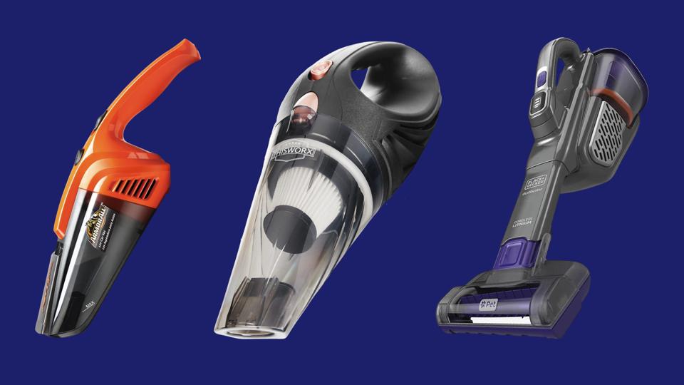 Three of the best car vacuums against a bright blue background.