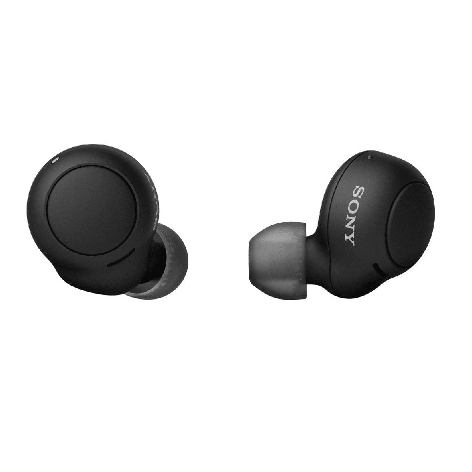 Black Sony WF-C500 Earbuds on a white background.