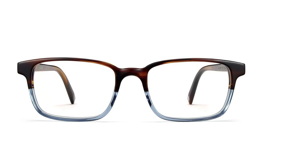 brown and blue framed rectangular glasses