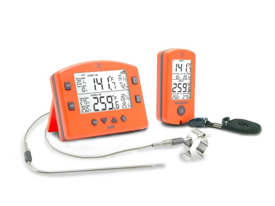 Product shot of ThermoWorks Smoke Remote BBQ Alarm Thermometer in orange.