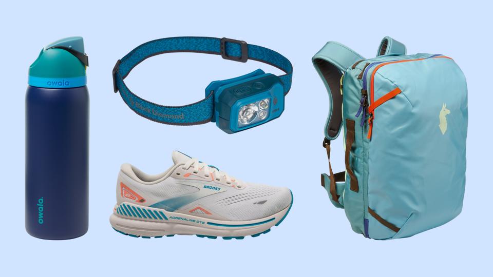 Light blue background with Owala bottle, headlamp, Brooks sneaker and Cotopaxi pack. 