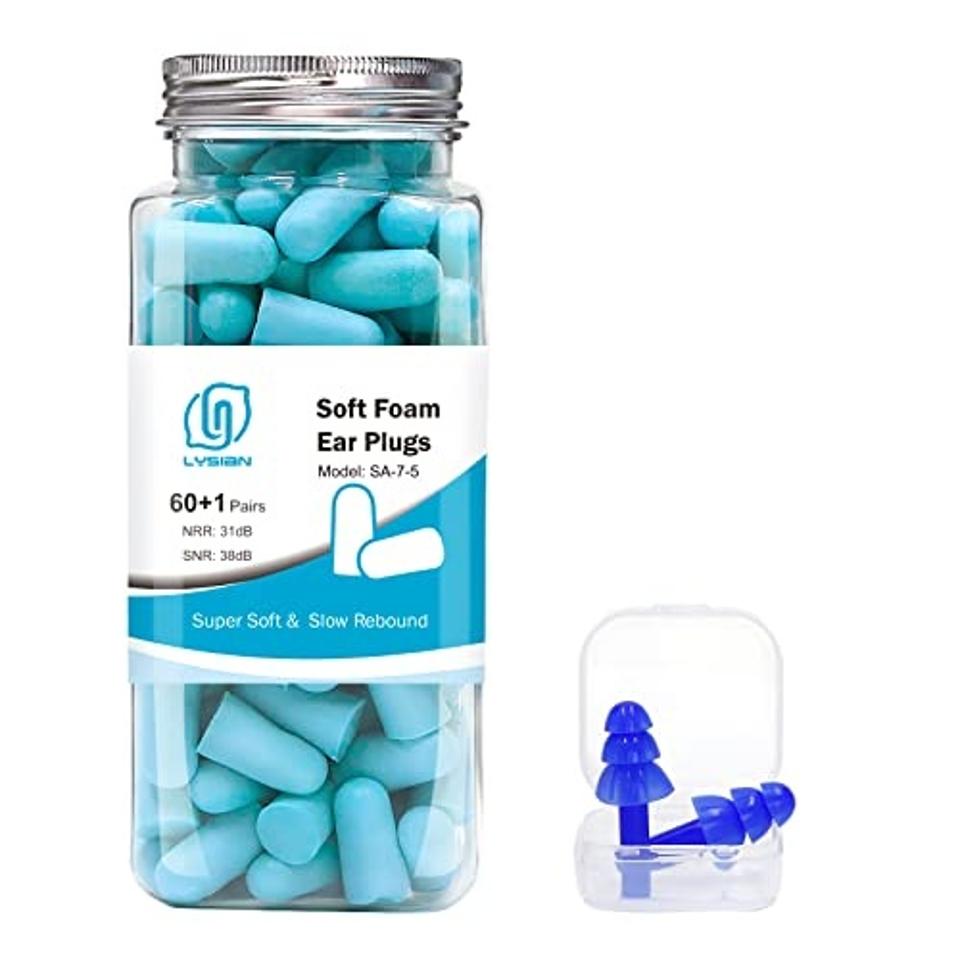 A jar of Lysian Ultra Soft Foam Earplugs on white background