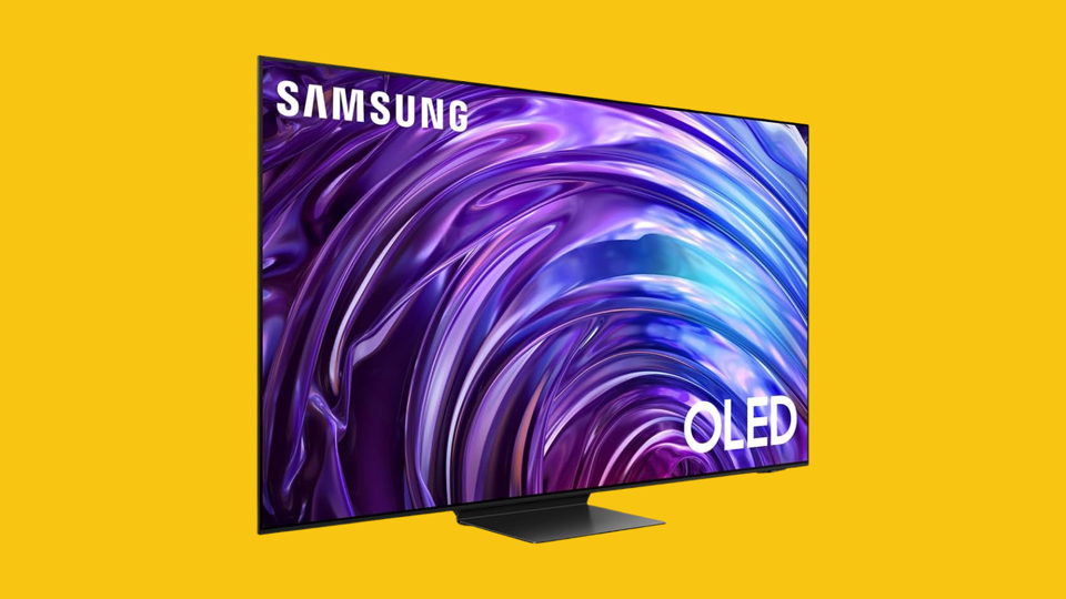 A Samsung S95D TV on a yellow background