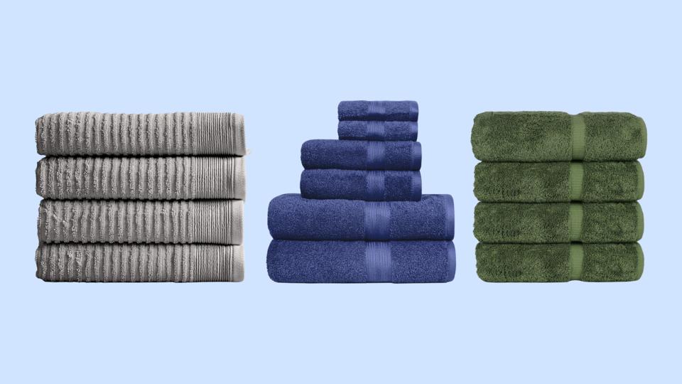 Three towels against a light blue background