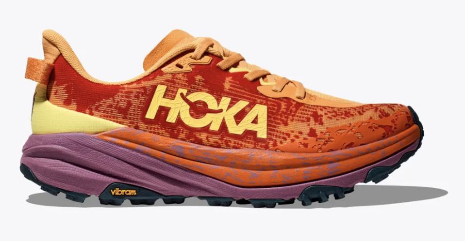 Hoka Speedgoat 6 trail running shoe in red and yellow