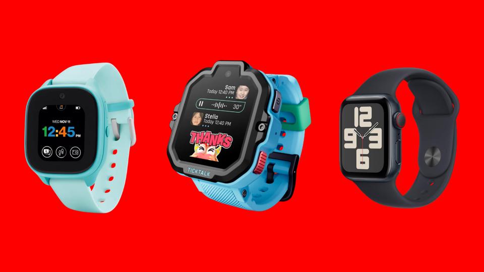 Three of the best smartwatches for kids against a bright red background.